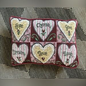 Decorative inspirational pillow heart flowers floral pink and red woven tapestry